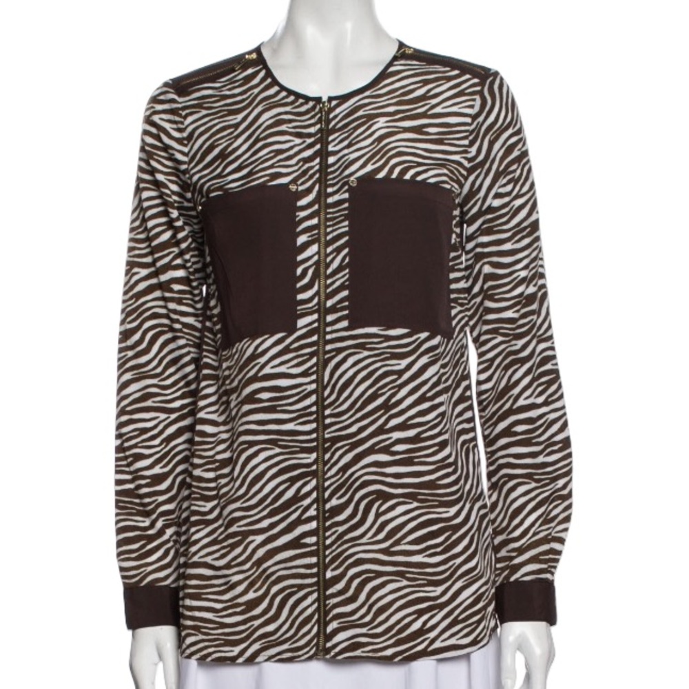 Michael Kors Brown and White Zipper Top